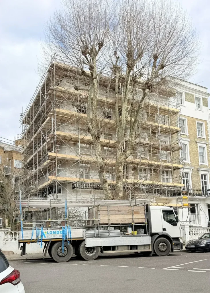 Commercial scaffolding erected by A Star London Scaffolding at Durham Terrace in Bayswater London W2 for external building refurbishment.