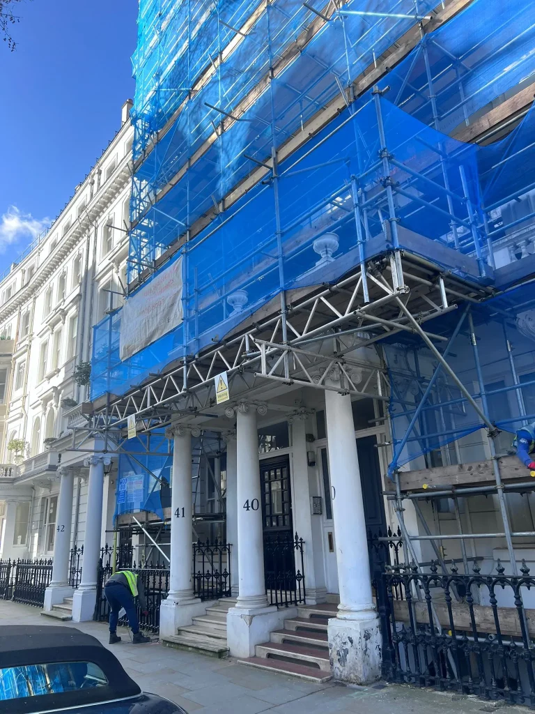 Pedestrian gantry and commercial tube and fitting scaffolding installed by A Star London Scaffolding in South Kensington London SW7.