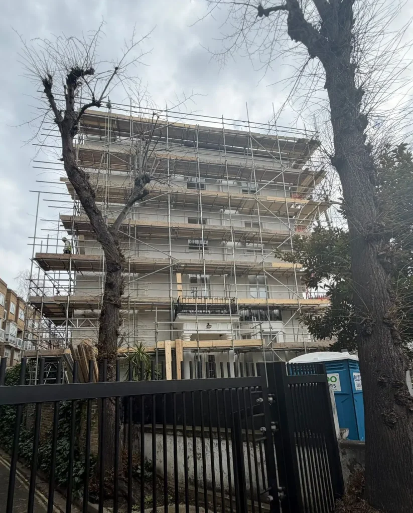 Rear elevation scaffolding erected by A Star London Scaffolding at Durham Terrace Bayswater London W2 for external refurbishment works.
