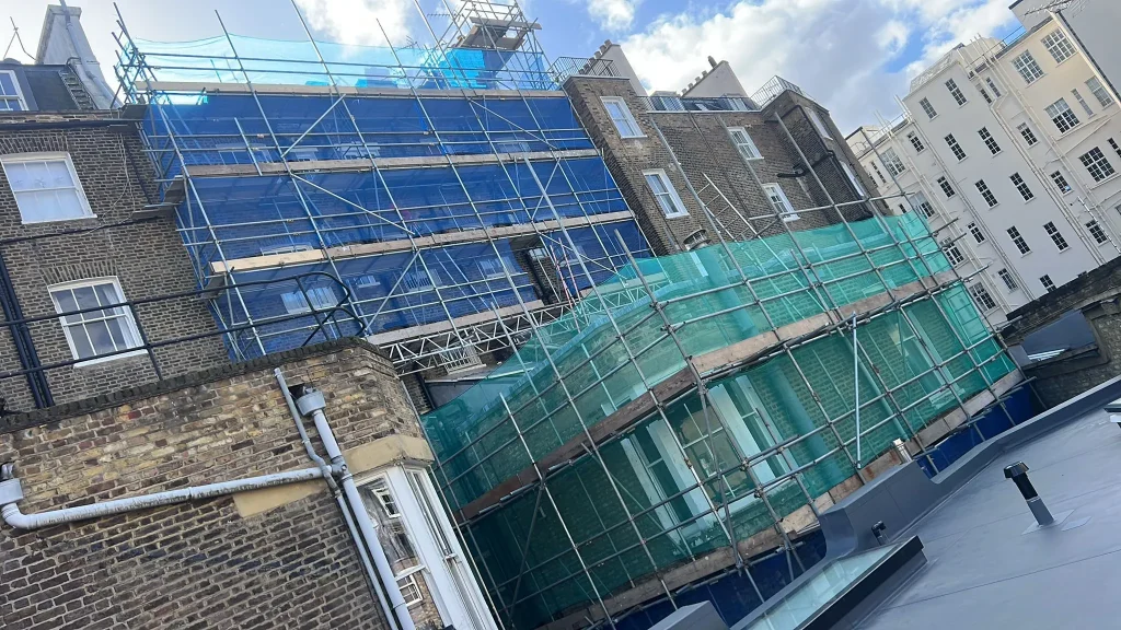 Rear elevation tube and fitting scaffolding installed by A Star London Scaffolding at Cornwall Gardens, South Kensington, London SW7.