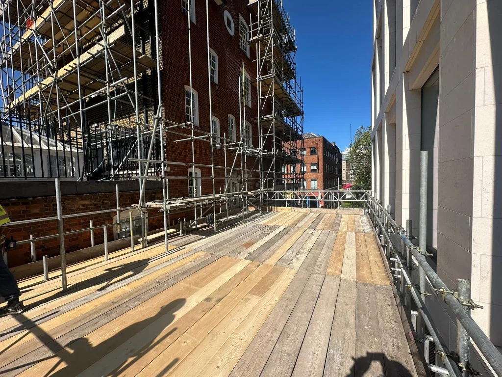 Heavy-duty scaffold loading platform installed by A Star London Scaffolding for a commercial refurbishment project in Waterloo, London SE1.
